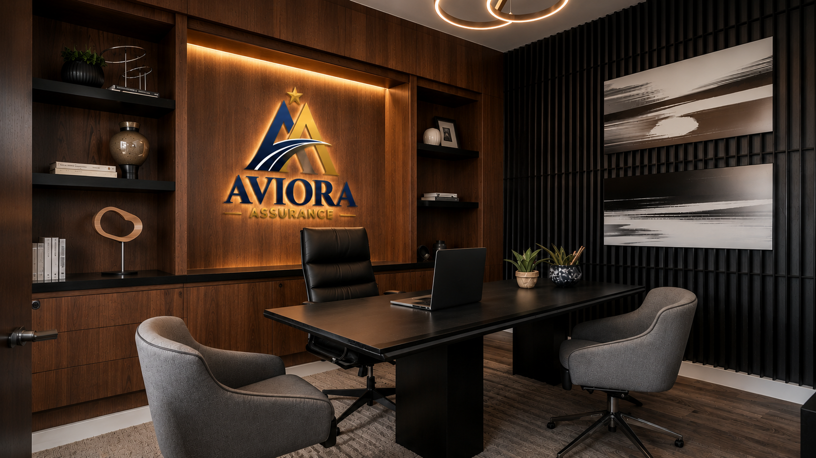 Aviora Assuarance office with wall logo